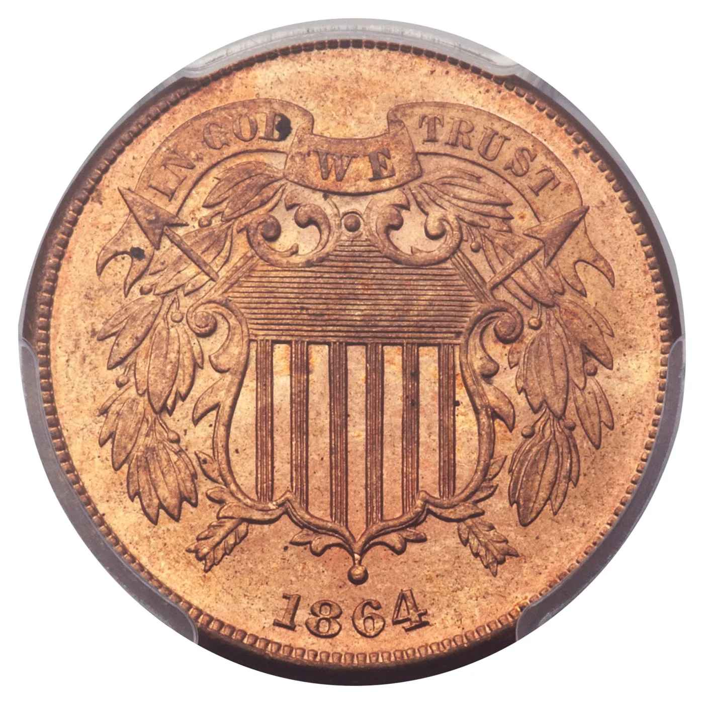Obverse of an 1864 Large Motto two cent piece, with thick, closely set motto letters and a full-width D in GOD