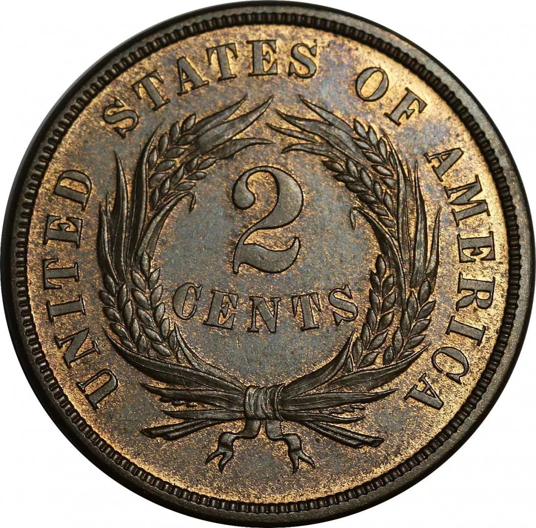 Reverse of an 1871 proof two cent piece with every wheat grain and the ribbon bow fully struck