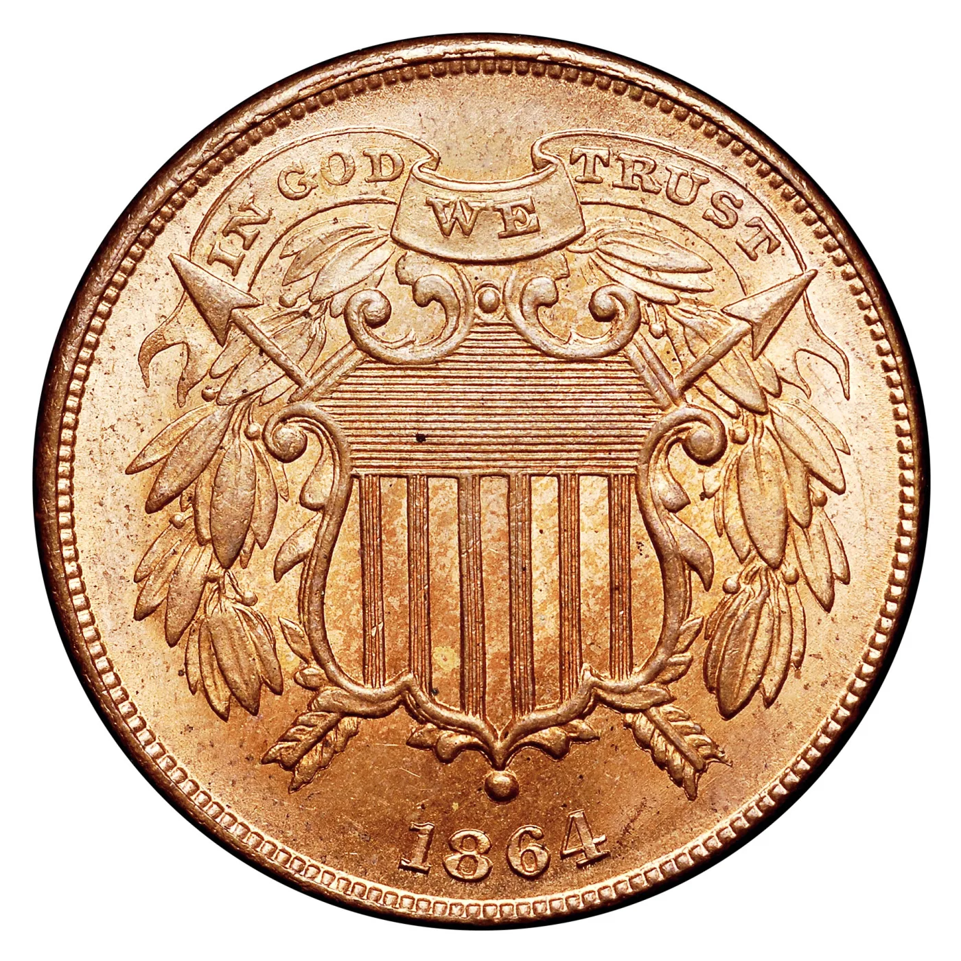 Obverse of an 1864 Small Motto two cent piece, with thin, widely spaced motto letters and a narrow D in GOD