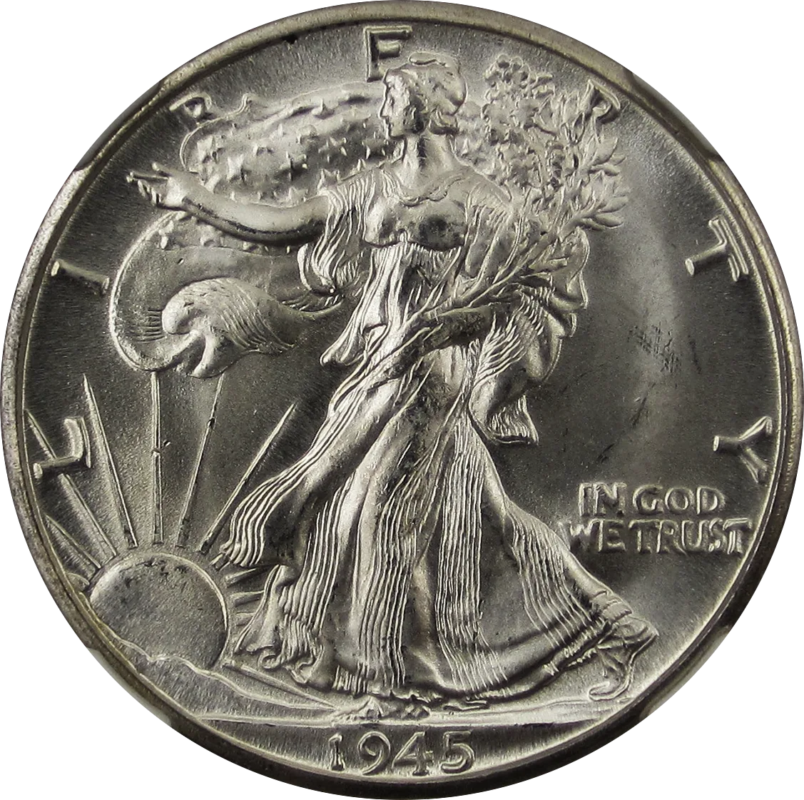 Obverse of an uncirculated 1945-D Walking Liberty half dollar showing Liberty striding toward the sunrise, the flag draped behind her and IN GOD WE TRUST at the right