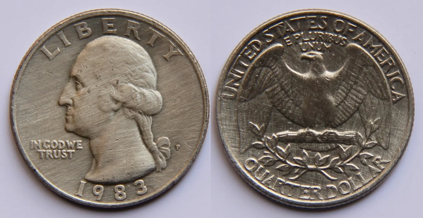 Obverse and reverse of a circulated 1983-P Washington quarter, showing the left-facing Washington bust and the heraldic eagle reverse