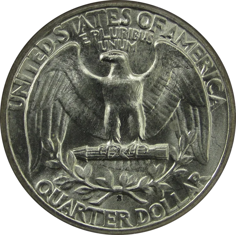 Reverse of a 1944-S silver Washington quarter showing the heraldic eagle perched on a bundle of arrows above olive branches, with the S mint mark below the wreath