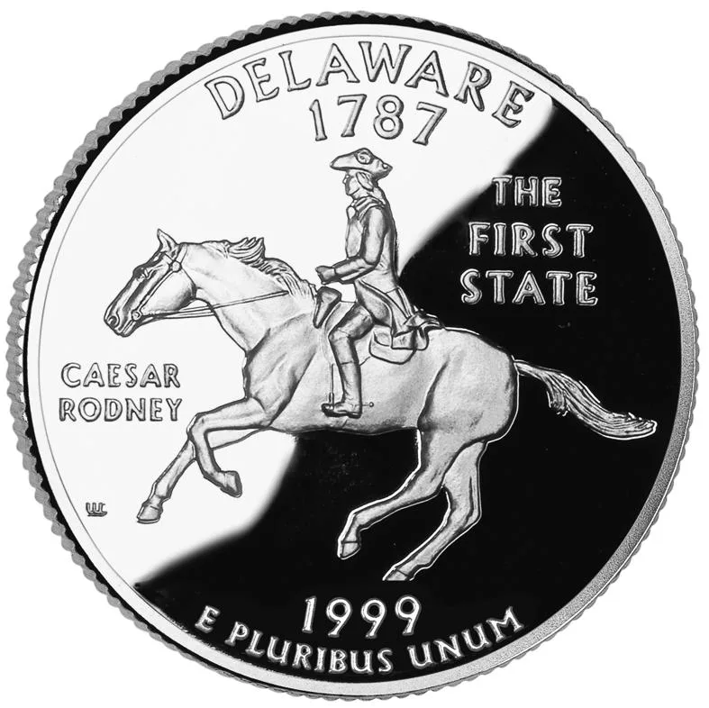 Reverse of the 1999 Delaware state quarter showing Caesar Rodney on horseback with the legends DELAWARE, 1787 and THE FIRST STATE