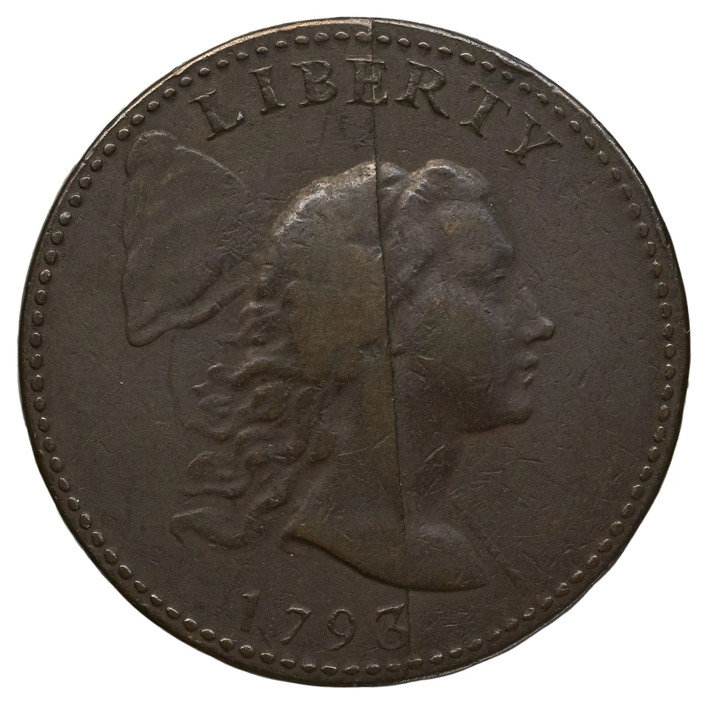 Obverse of a 1793 Liberty Cap cent showing Liberty facing right with a Phrygian cap on a pole behind her head, LIBERTY above, 1793 below and a bare field above the date