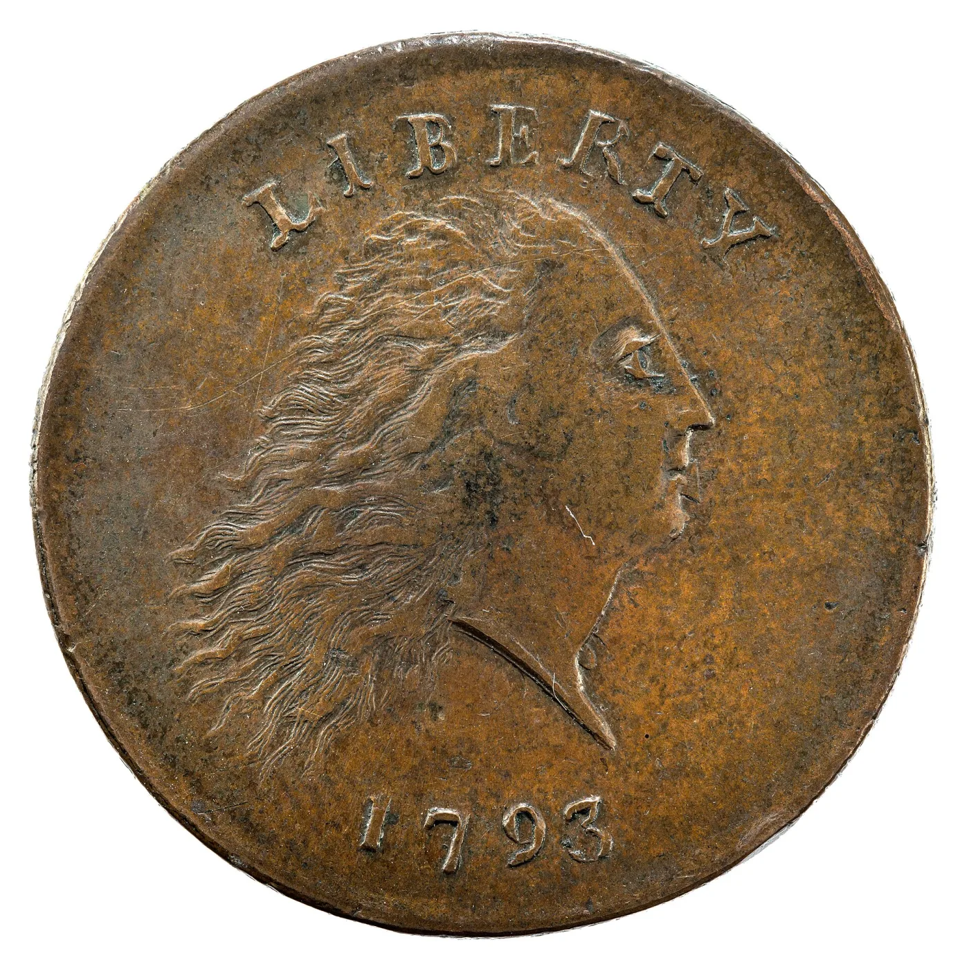Obverse of a 1793 Chain cent showing Flowing Hair Liberty facing right, LIBERTY above and 1793 below, with an empty field between the neck and the date