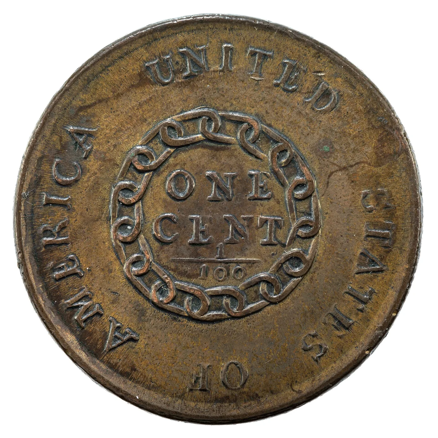 Reverse of a 1793 Chain cent showing a circle of interlinked chain rings around ONE CENT with the fraction 1/100 below and UNITED STATES OF AMERICA around the rim
